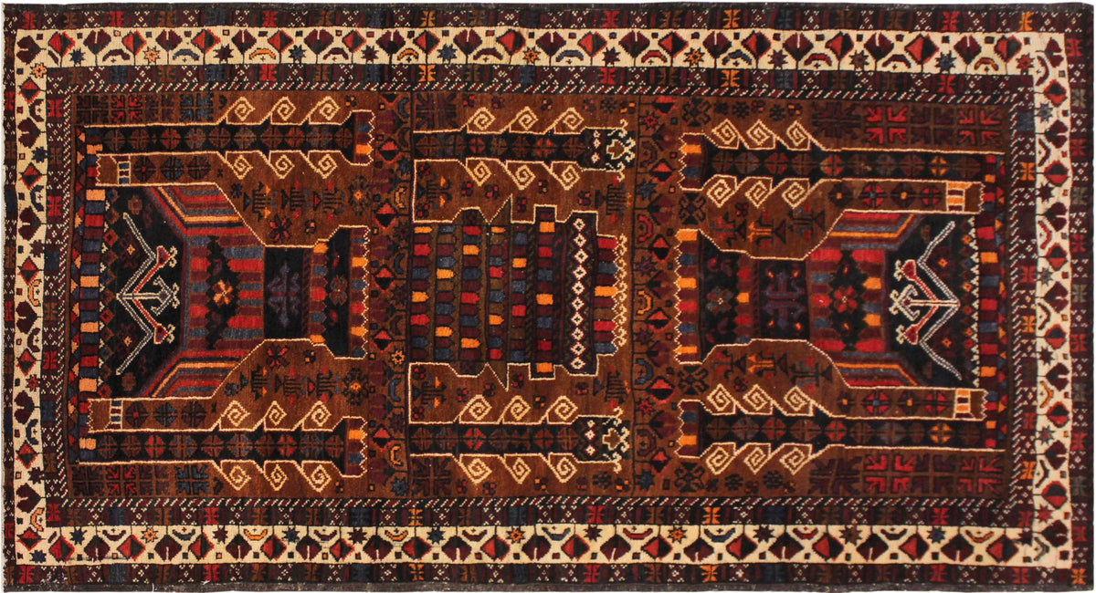 handmade Geometric Balouchi Brown Ivory Hand Knotted RECTANGLE 100% WOOL area rug 3x6