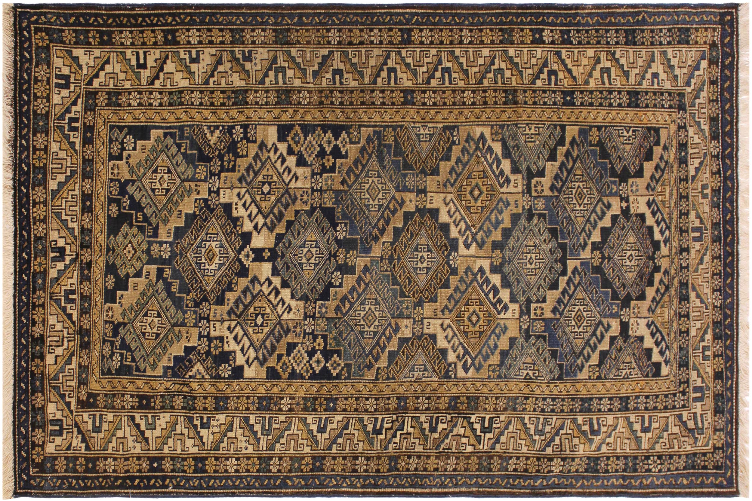 handmade Geometric Antique Kazak Antique Blue Beige Hand Knotted RECTANGLE 100% WOOL area rug 4x6