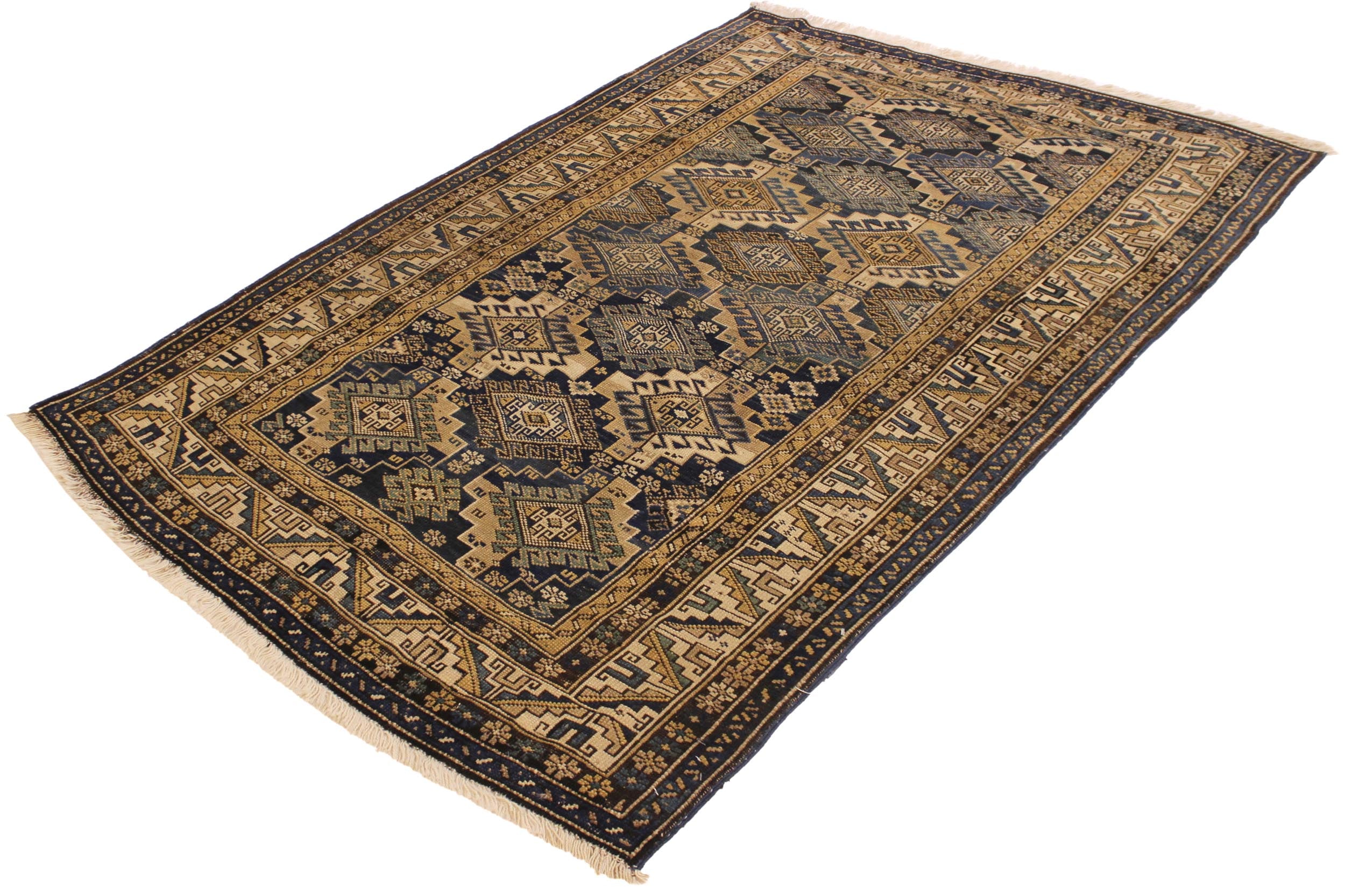 handmade Geometric Antique Kazak Antique Blue Beige Hand Knotted RECTANGLE 100% WOOL area rug 4x6