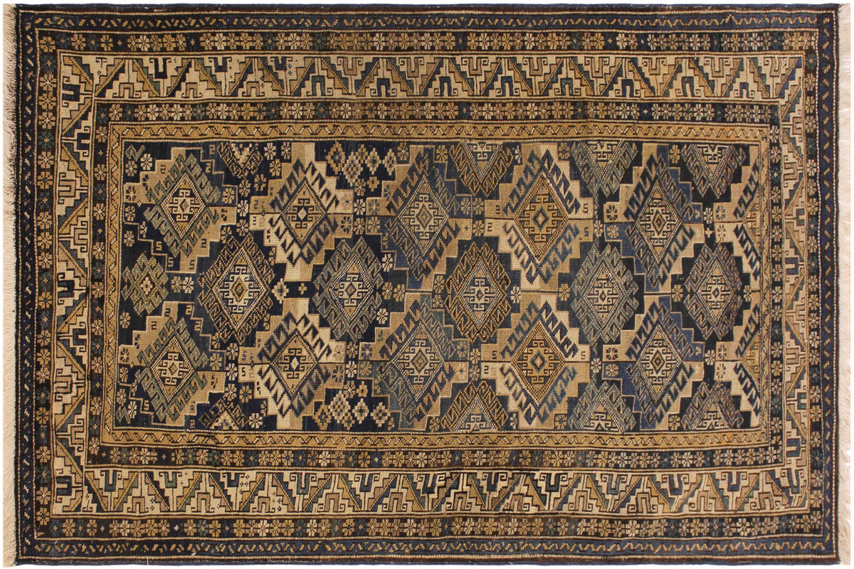 handmade Geometric Antique Kazak Antique Blue Beige Hand Knotted RECTANGLE 100% WOOL area rug 4x6
