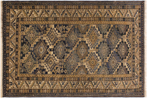 handmade Geometric Antique Kazak Antique Blue Beige Hand Knotted RECTANGLE 100% WOOL area rug 4x6