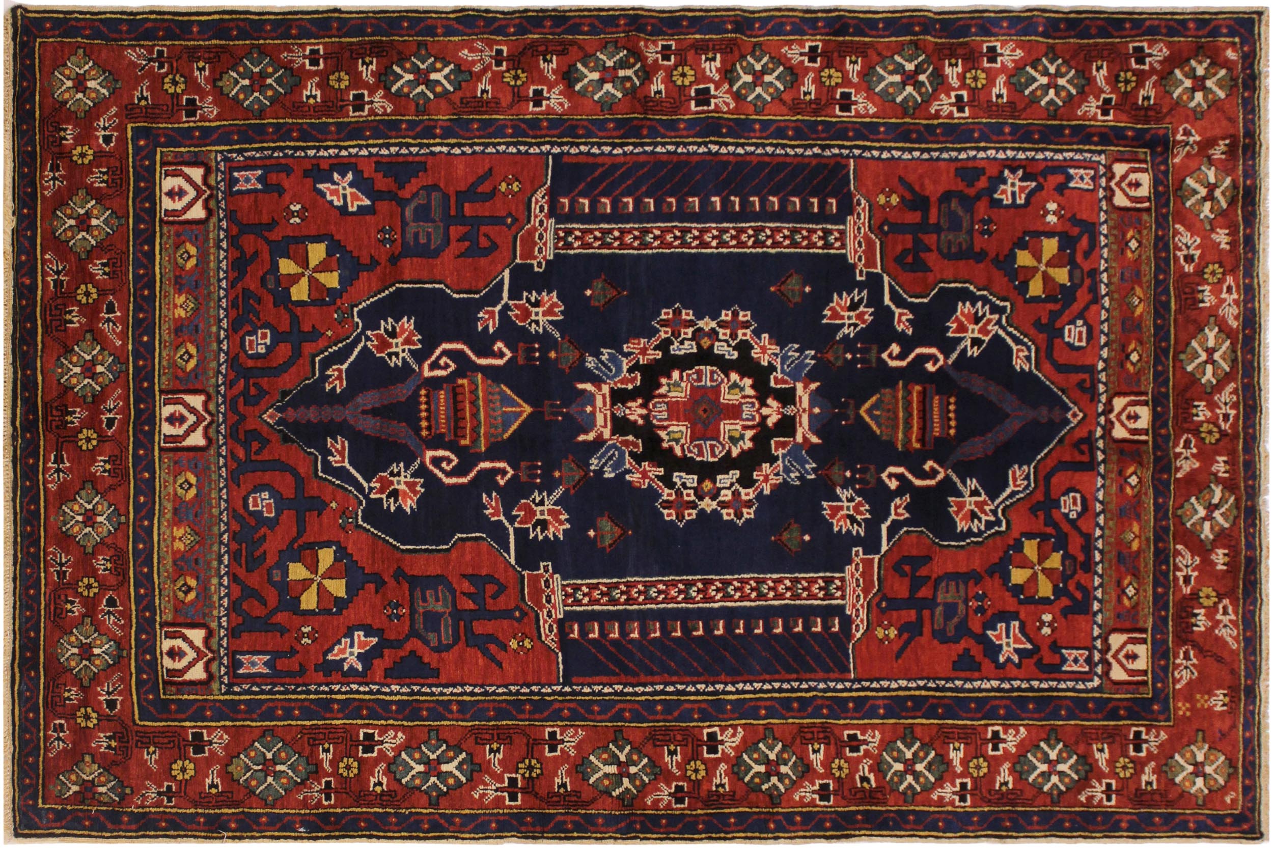 handmade Traditional Antique Sherwan Blue Rust Hand Knotted RECTANGLE 100% WOOL area rug 4x7