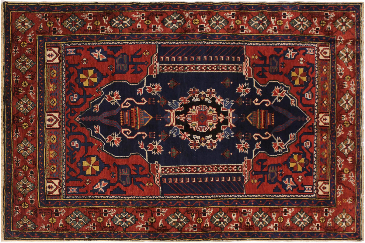 handmade Traditional Antique Sherwan Blue Rust Hand Knotted RECTANGLE 100% WOOL area rug 4x7