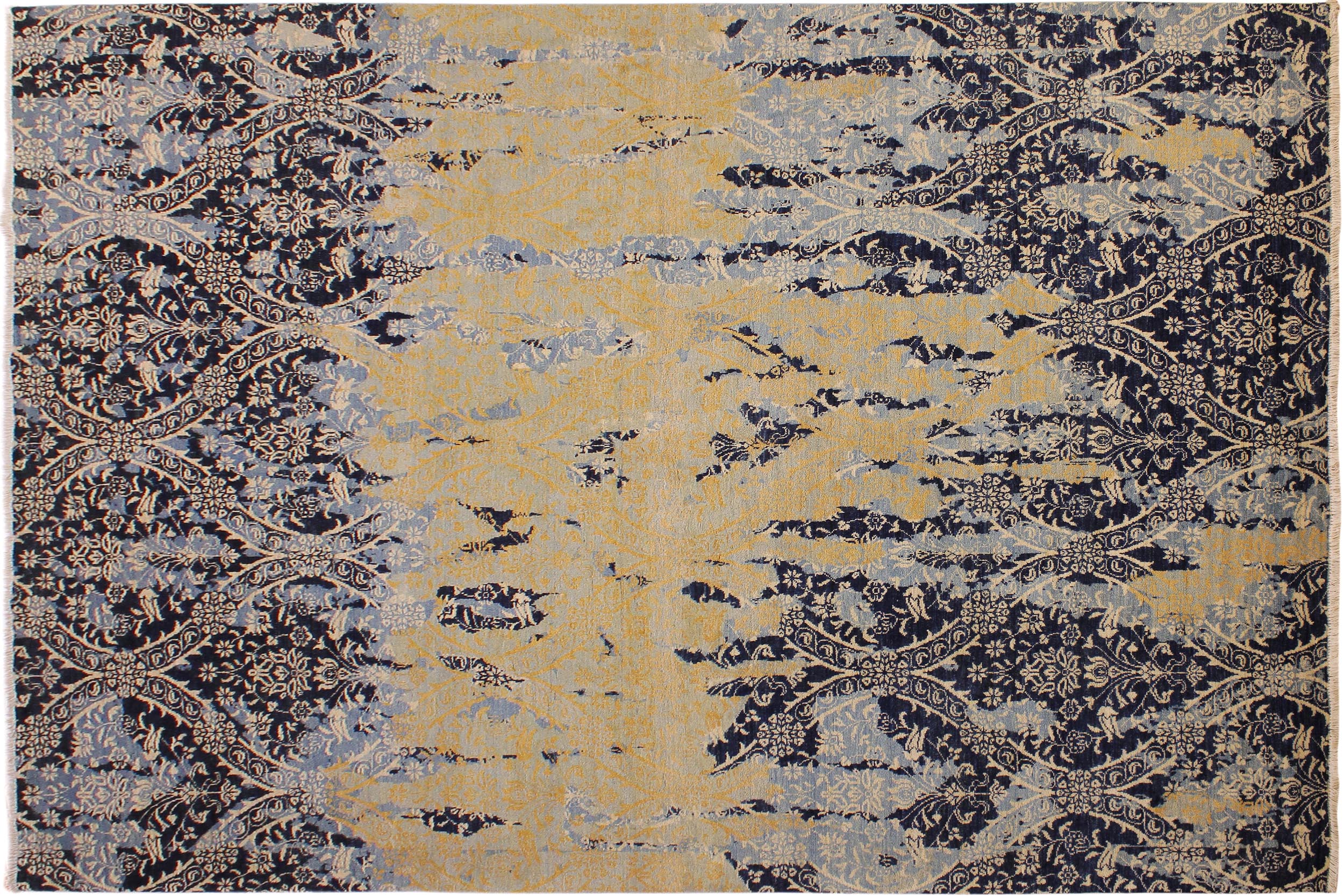 handmade Modern Kafkaz Blue Ivory Hand Knotted RECTANGLE 100% WOOL area rug 10' x 14'