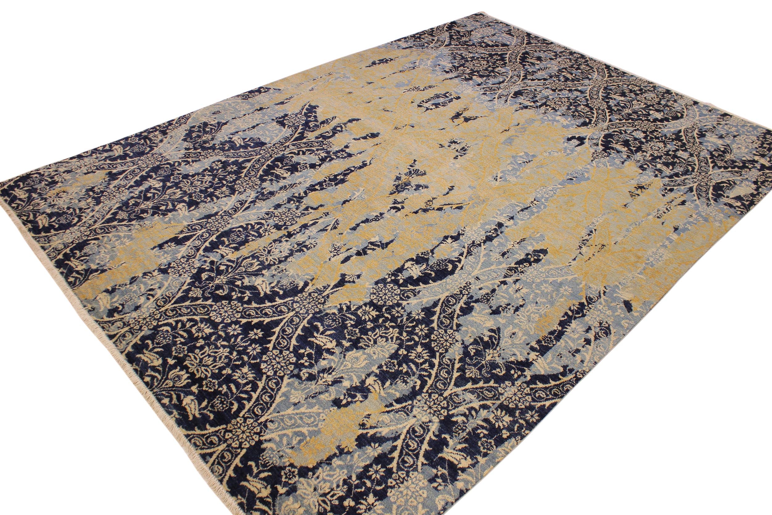 handmade Modern Kafkaz Blue Ivory Hand Knotted RECTANGLE 100% WOOL area rug 10' x 14'