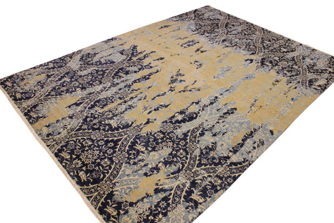 handmade Modern Kafkaz Blue Ivory Hand Knotted RECTANGLE 100% WOOL area rug 10' x 14'