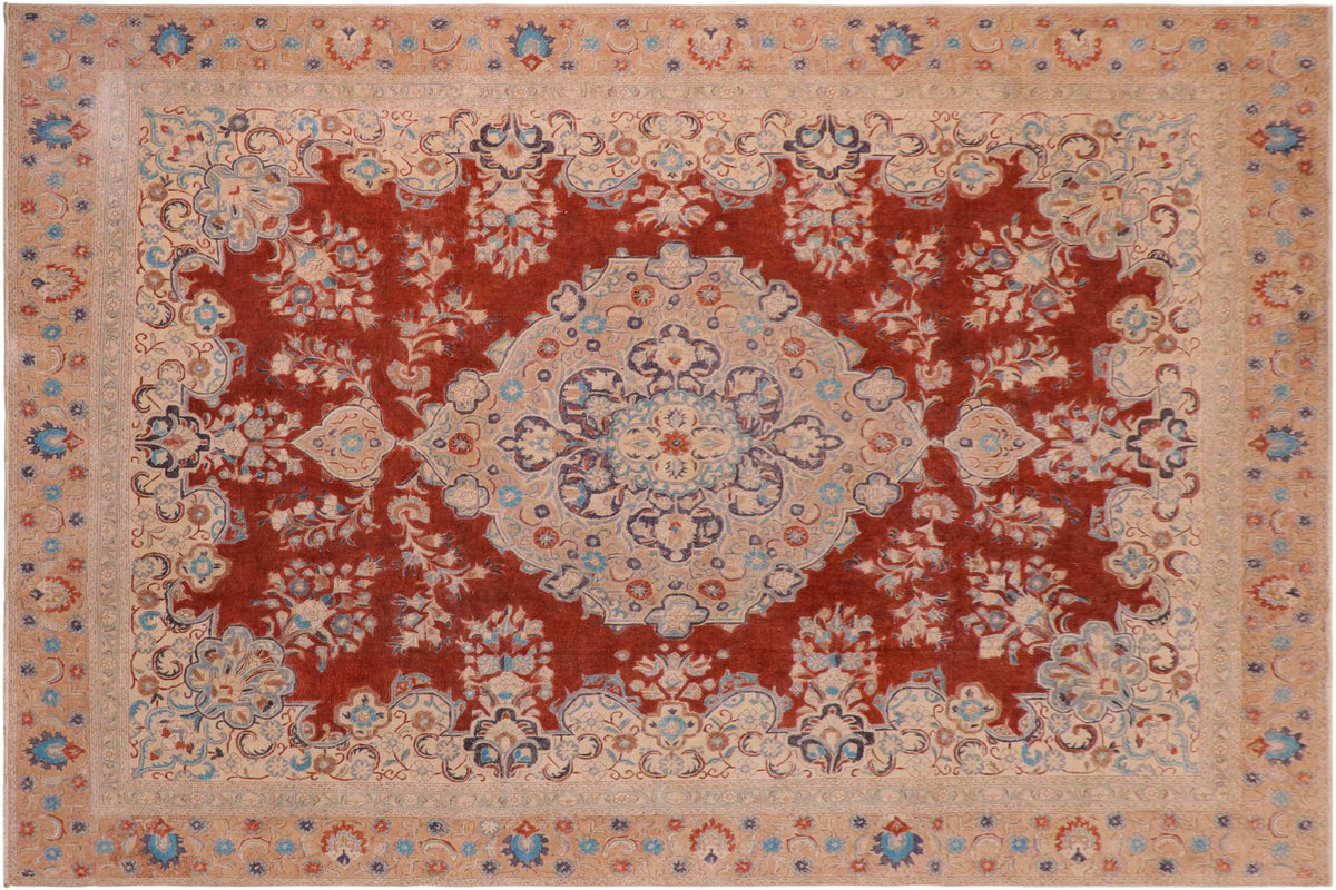 handmade Vintage Hand Painte Red Tan Hand Knotted RECTANGLE 100% WOOL area rug 10' x 14'