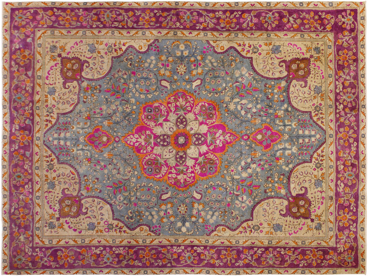 handmade Vintage Hand Painte Gray Purple Hand Knotted RECTANGLE 100% WOOL area rug 9' x 12'