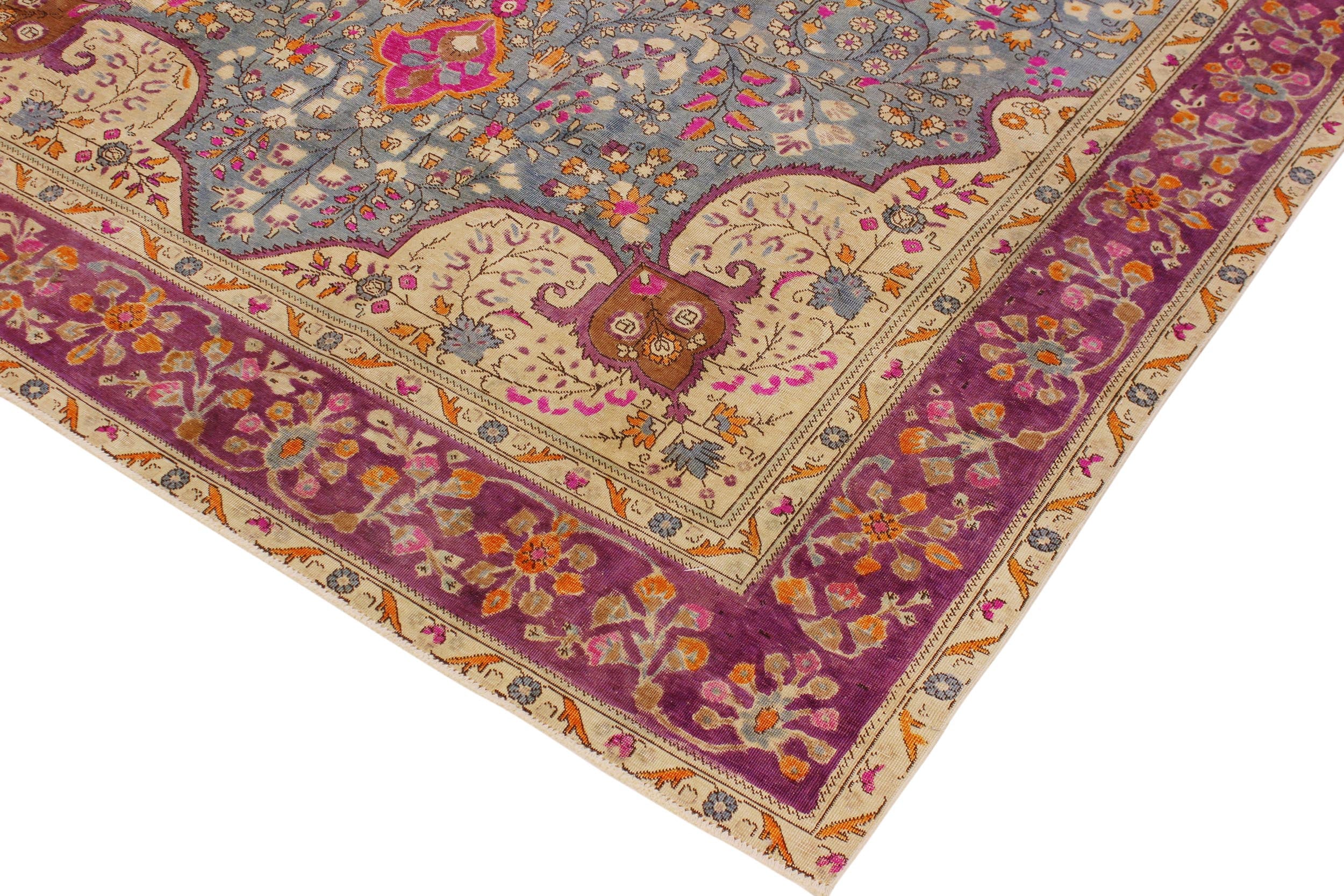 handmade Vintage Hand Painte Gray Purple Hand Knotted RECTANGLE 100% WOOL area rug 9' x 12'