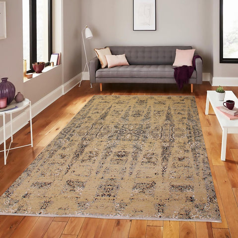handmade Modern Kafkaz Tan Blue Hand Knotted RECTANGLE WOOL&SILK area rug 10' x 14'