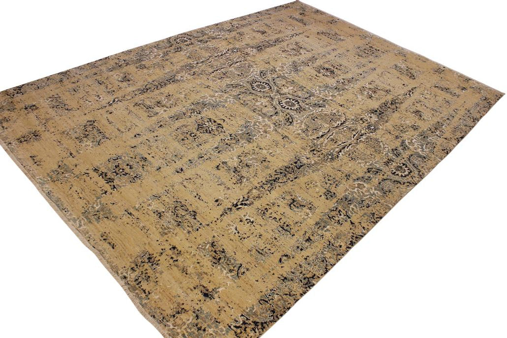 handmade Modern Kafkaz Tan Blue Hand Knotted RECTANGLE WOOL&SILK area rug 10X14