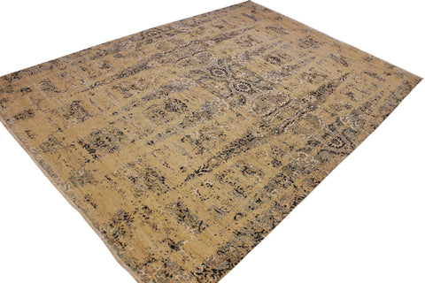 handmade Modern Kafkaz Tan Blue Hand Knotted RECTANGLE WOOL&SILK area rug 10' x 14'