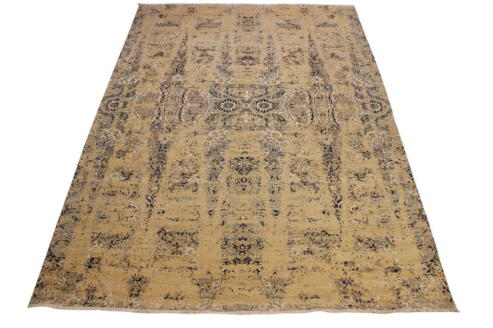 handmade Modern Kafkaz Tan Blue Hand Knotted RECTANGLE WOOL&SILK area rug 10X14