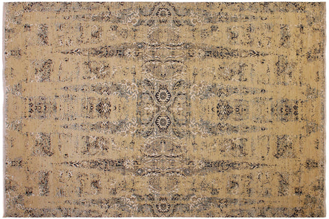 handmade Modern Kafkaz Tan Blue Hand Knotted RECTANGLE WOOL&SILK area rug 10' x 14'