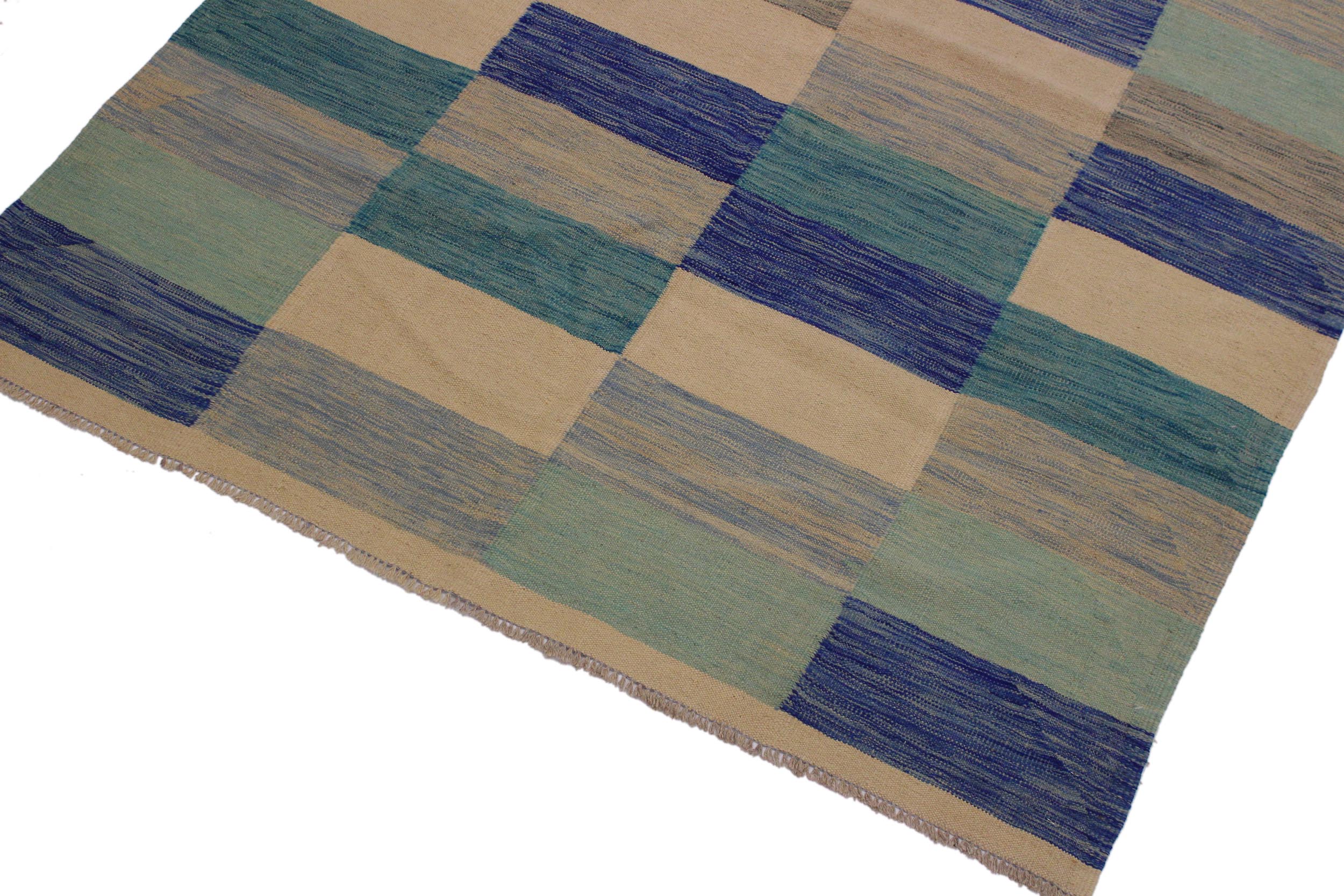 handmade Modern Kilim Ivory Blue Hand-Woven RECTANGLE 100% WOOL area rug 5x8