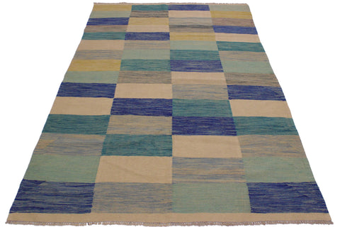 handmade Modern Kilim Ivory Blue Hand-Woven RECTANGLE 100% WOOL area rug 5x8