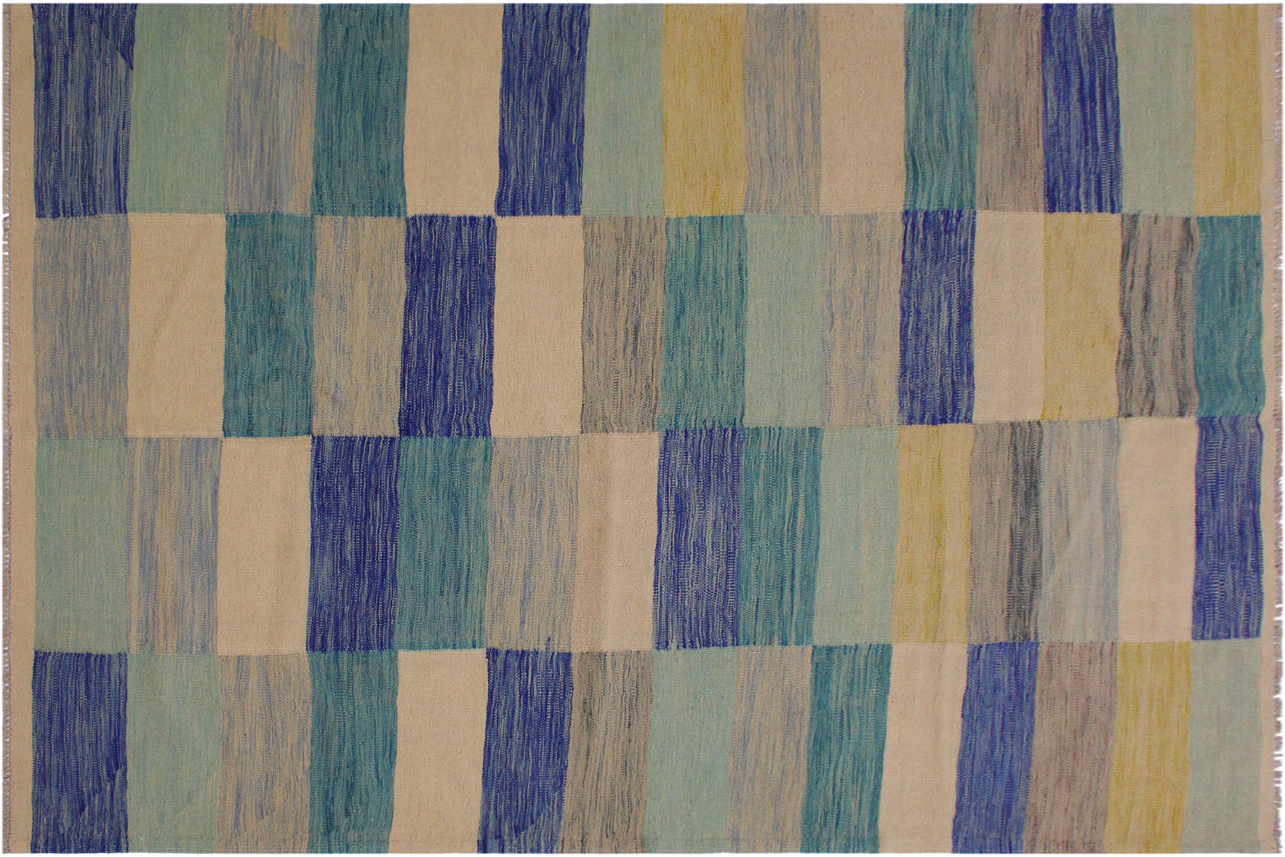 handmade Modern Kilim Ivory Blue Hand-Woven RECTANGLE 100% WOOL area rug 5x8