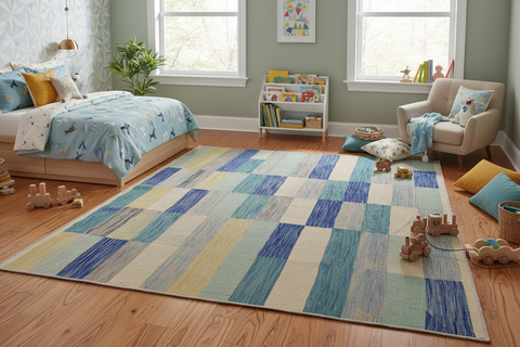 handmade Modern Kilim Ivory Blue Hand-Woven RECTANGLE 100% WOOL area rug 5x8