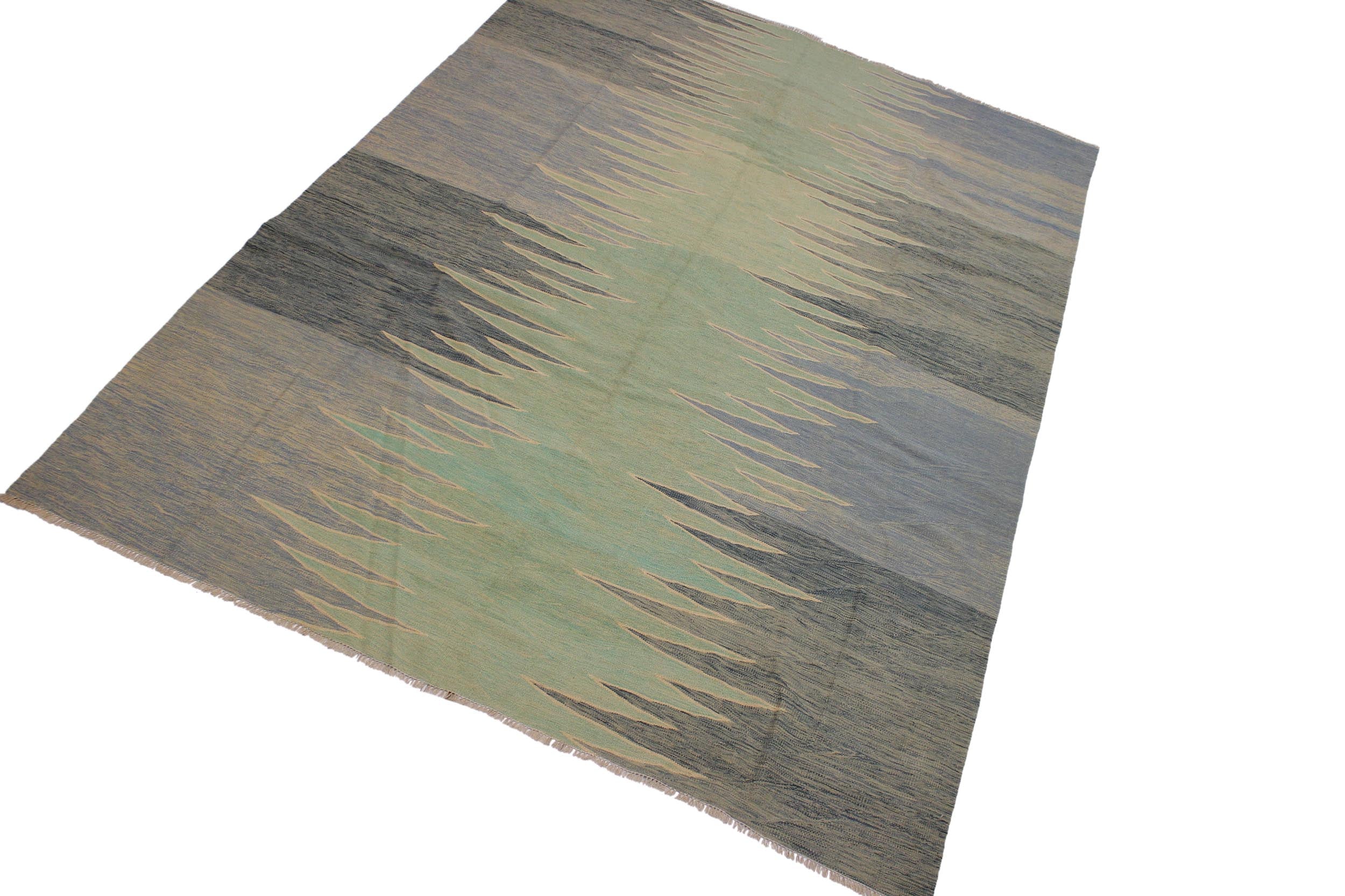 handmade Modern Kilim Grey Lt. Green Hand-Woven RECTANGLE 100% WOOL area rug 9x12