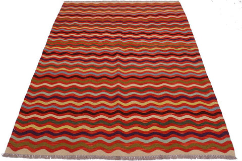 Flat Weave Kilim Antique Navaho Vintage handmade Modern Kilim Rust Beige Hand-Woven Rectangle 100% Wool Area Rug 5x6 