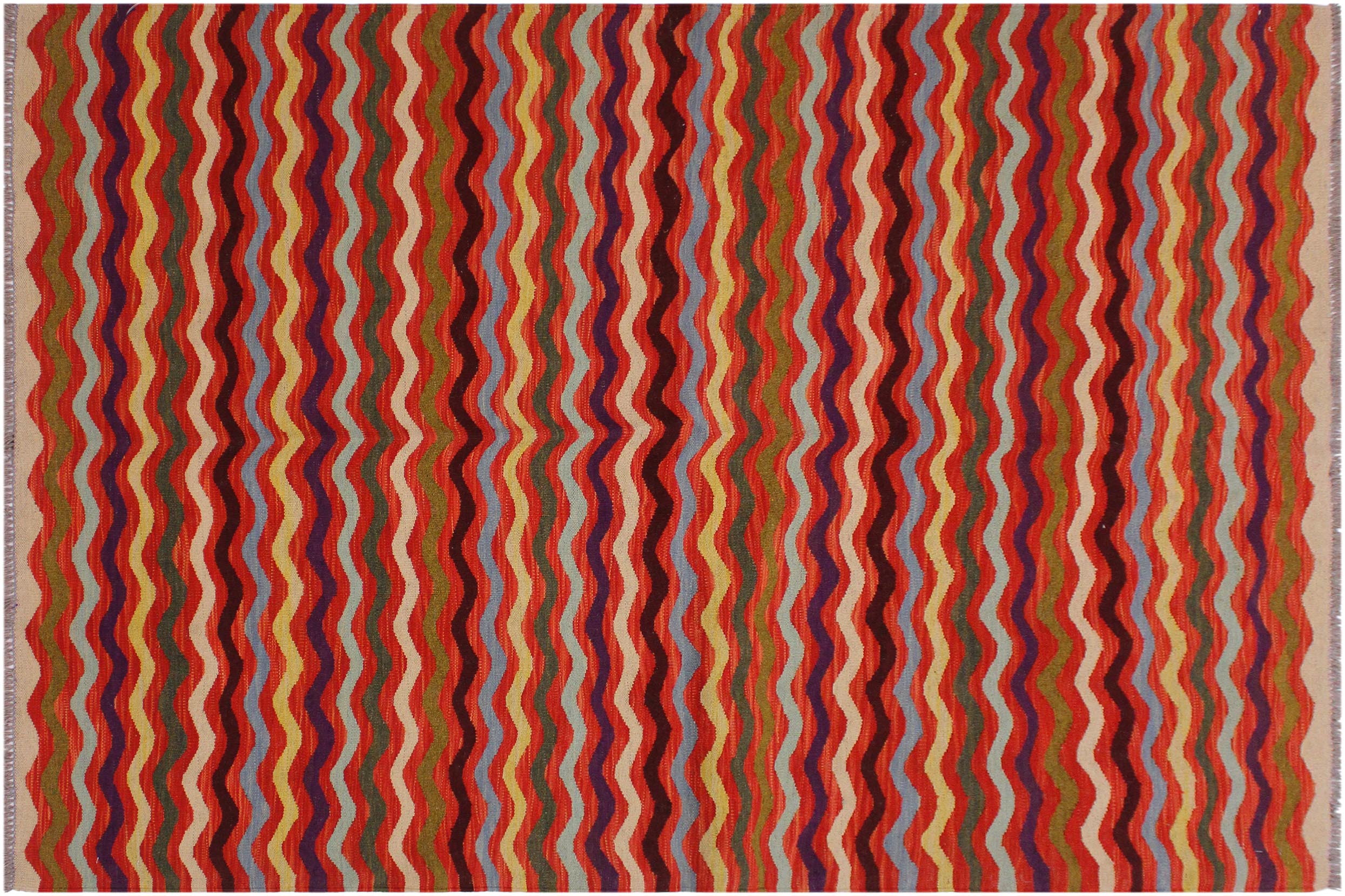 handmade Modern Kilim Rust Beige Hand-Woven RECTANGLE 100% WOOL area rug 5 x 6