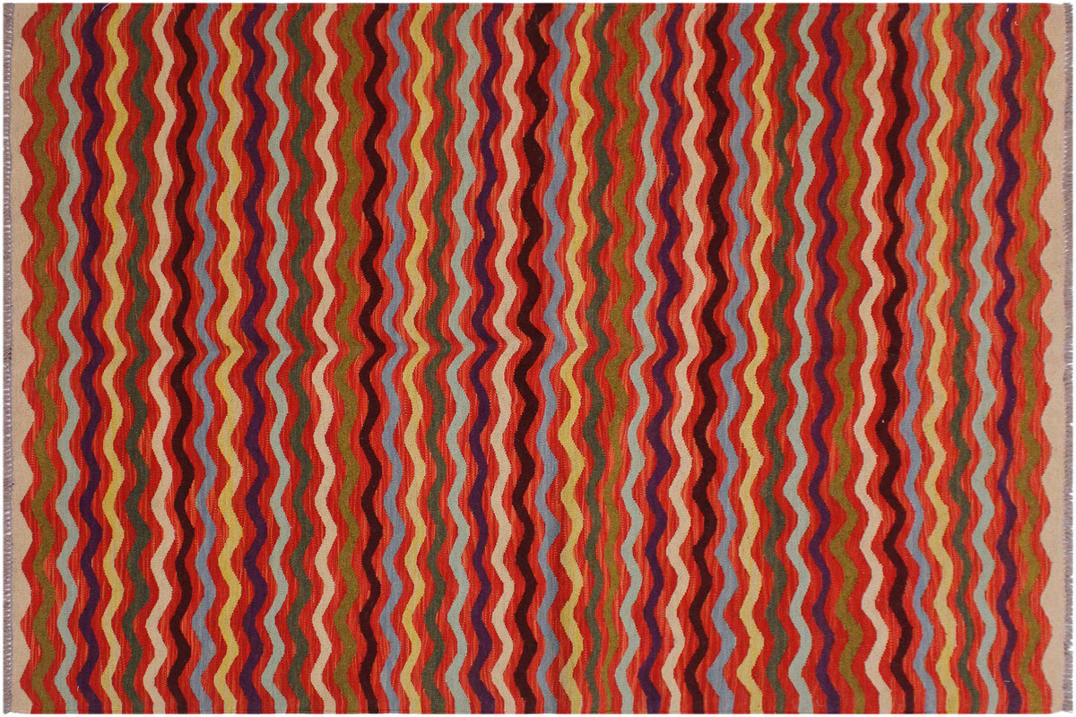 handmade Modern Kilim Rust Beige Hand-Woven RECTANGLE 100% WOOL area rug 5 x 6