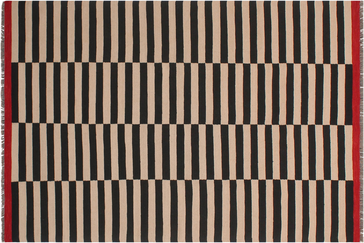 handmade Modern Kilim Beige Black Hand-Woven RECTANGLE 100% WOOL area rug 6x8