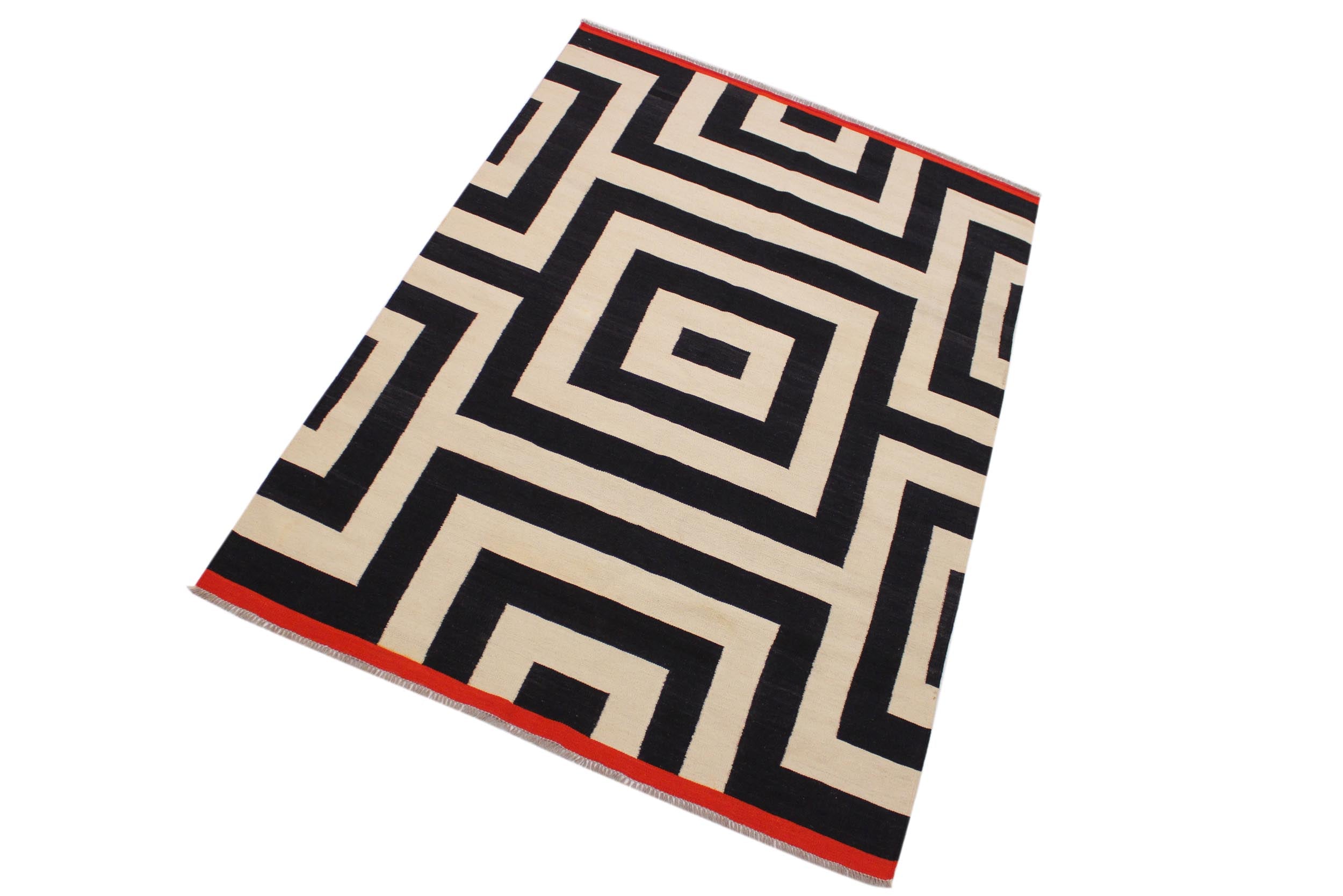 handmade Modern Kilim Ivory Black Hand-Woven RECTANGLE 100% WOOL area rug 5x8