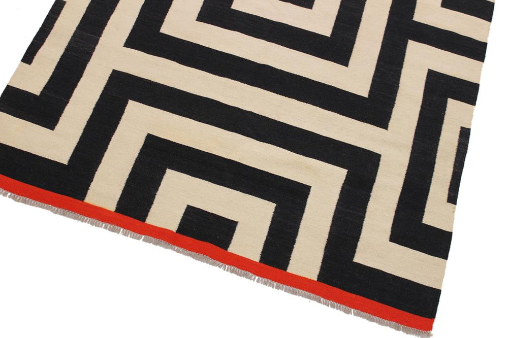 Flat Weave Kilim Antique Navaho Vintage handmade Modern Kilim Ivory Black Hand-Woven Rectangle 100% Wool Area Rug 5x8 