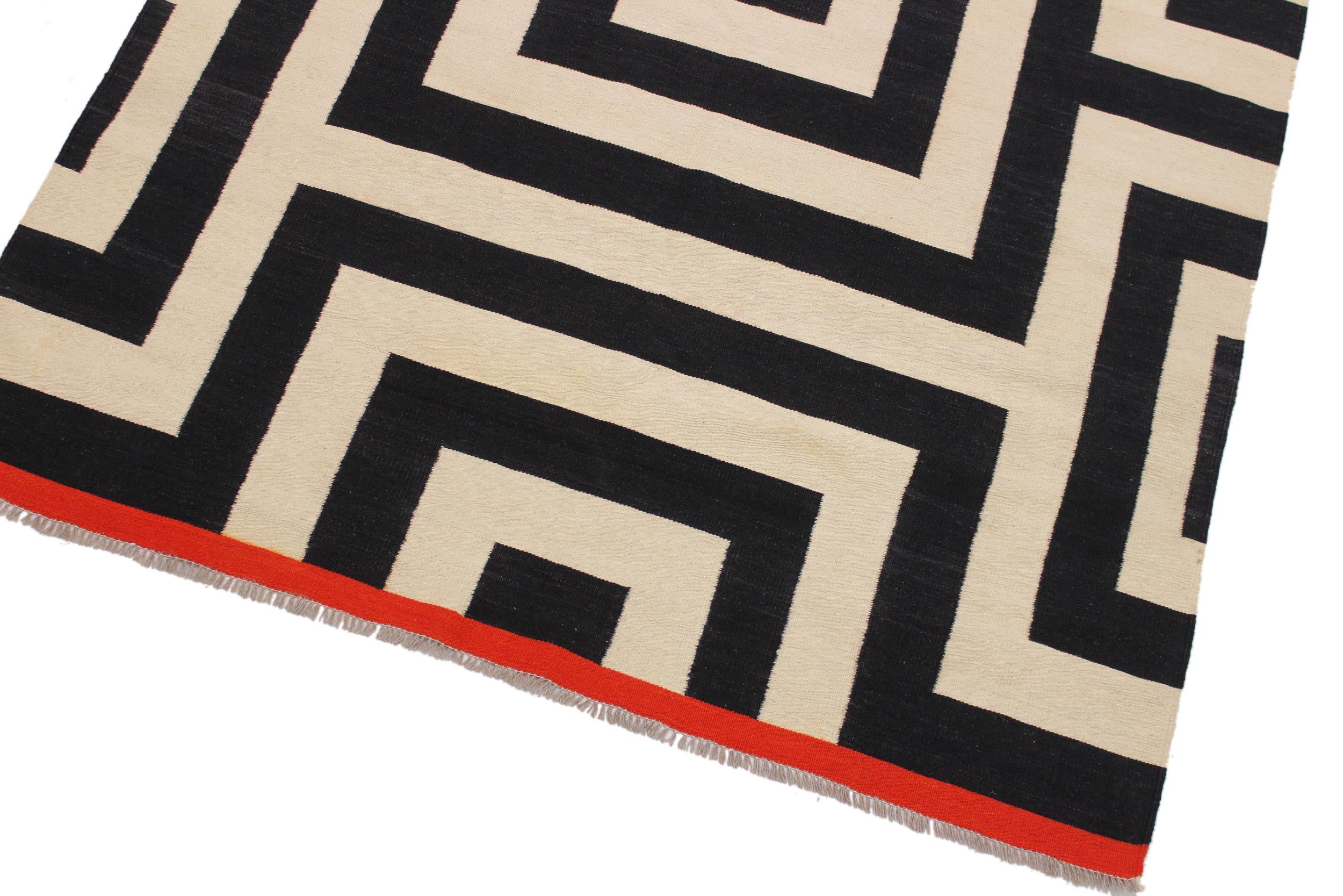 handmade Modern Kilim Ivory Black Hand-Woven RECTANGLE 100% WOOL area rug 5x8