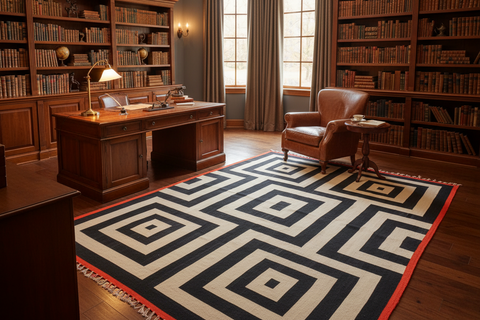 handmade Modern Kilim Ivory Black Hand-Woven RECTANGLE 100% WOOL area rug 5x8