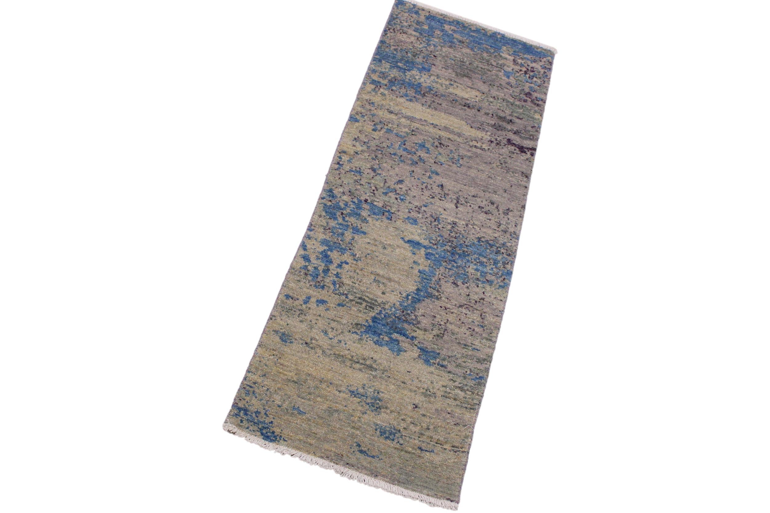handmade Modern Kafkaz Green Blue Hand Knotted RUNNER 100% WOOL area rug 2' x 6'