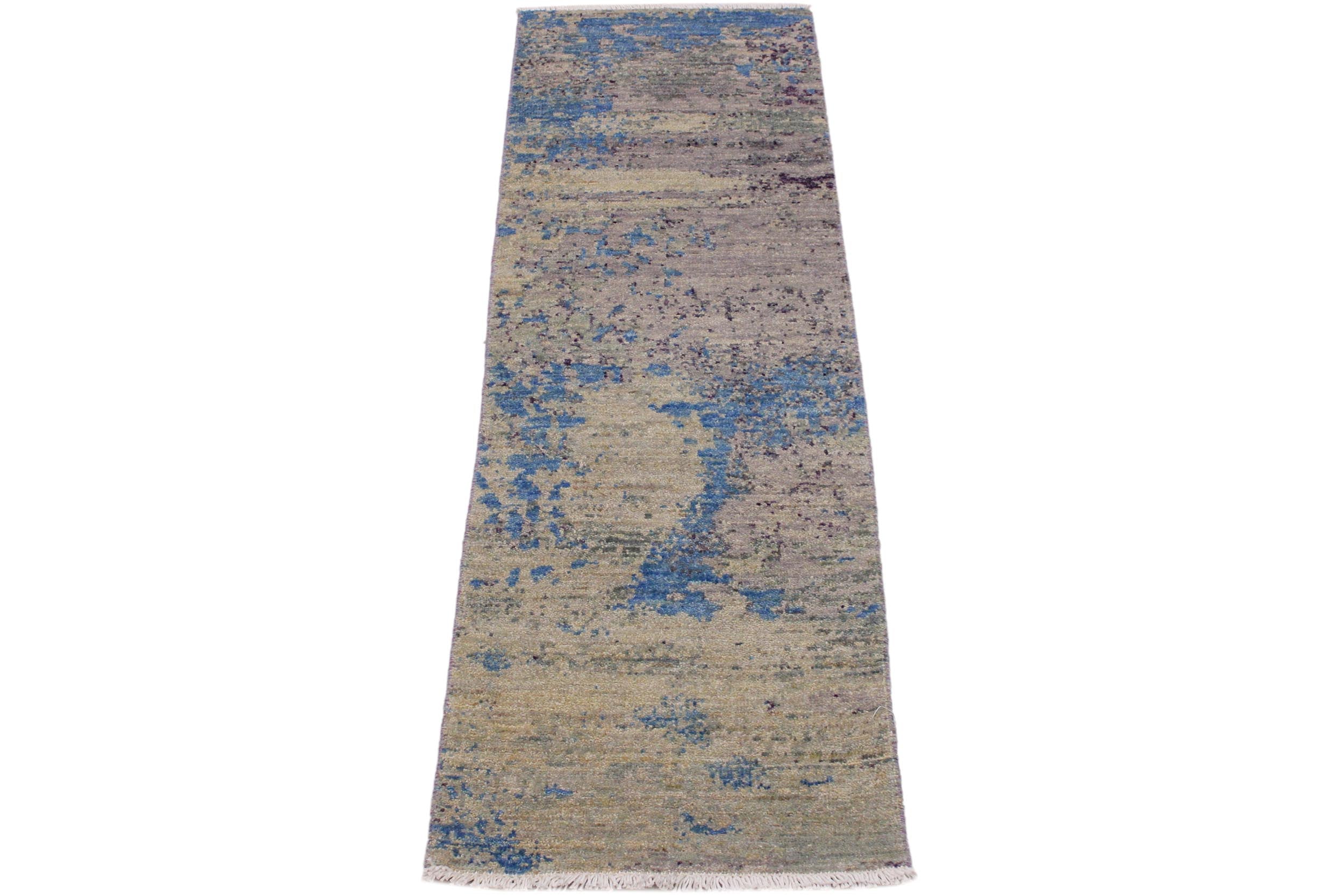 handmade Modern Kafkaz Green Blue Hand Knotted RUNNER 100% WOOL area rug 2' x 6'