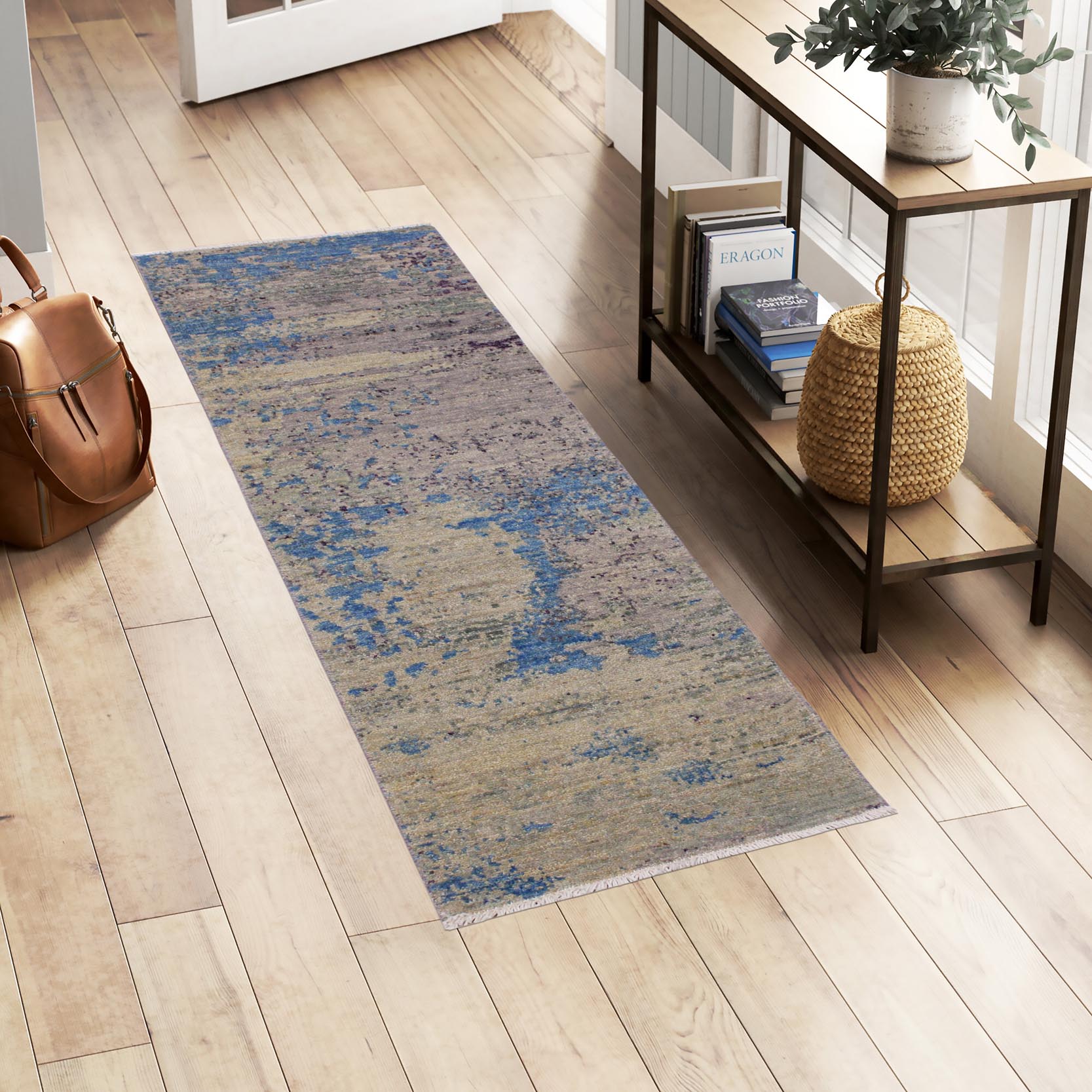 handmade Modern Kafkaz Green Blue Hand Knotted RUNNER 100% WOOL area rug 2' x 6'