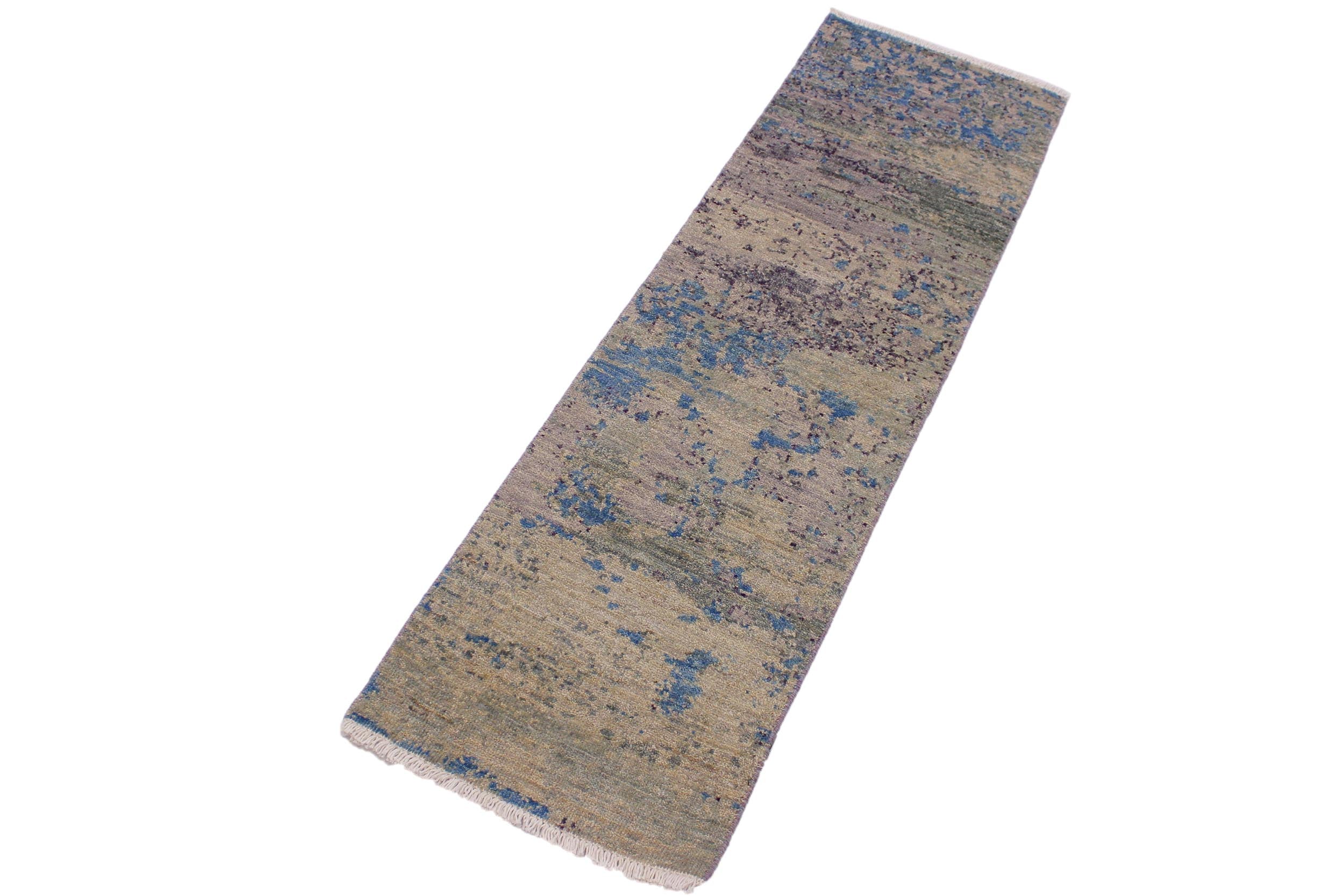 handmade Modern Kafkaz Green Blue Hand Knotted RUNNER 100% WOOL area rug 2' x 6'