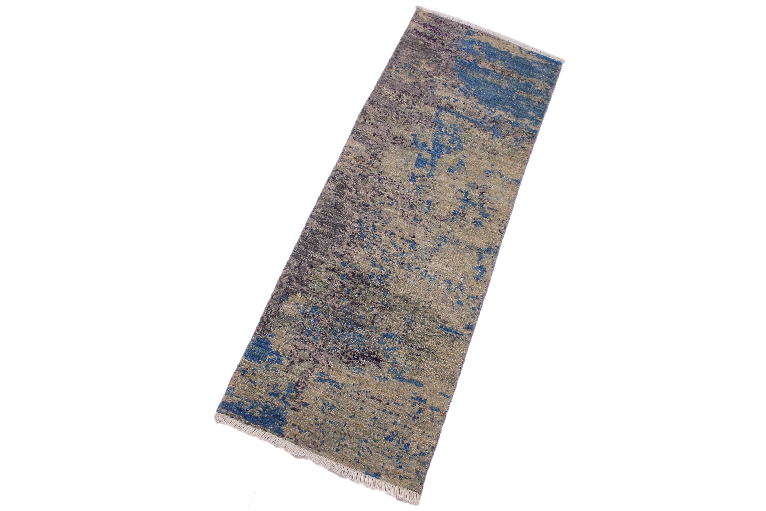 handmade Modern Kafkaz Green Blue Hand Knotted RUNNER 100% WOOL area rug 2' x 6'