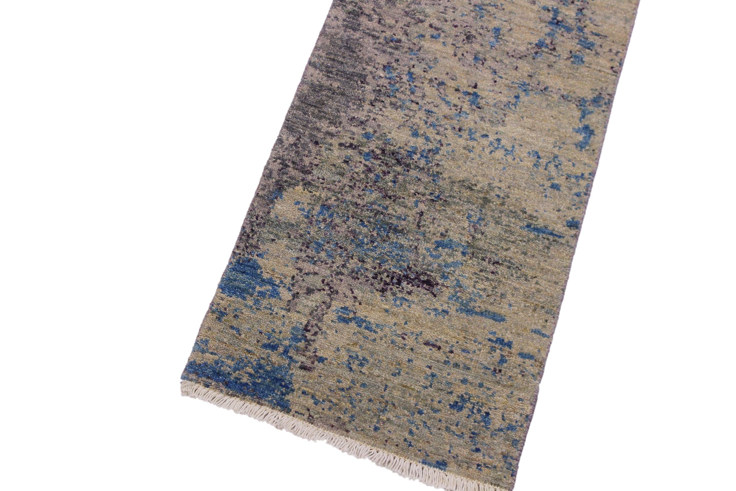 handmade Modern Kafkaz Green Blue Hand Knotted RUNNER 100% WOOL area rug 2' x 6'