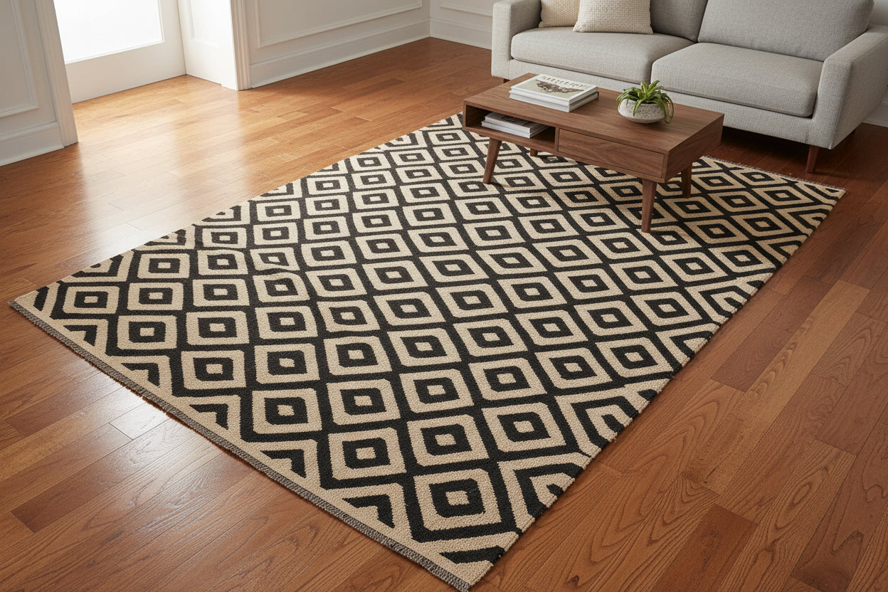 handmade Modern Kilim Beige Black Hand-Woven RECTANGLE 100% WOOL area rug 7 x 10