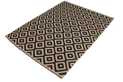 handmade Modern Kilim Beige Black Hand-Woven RECTANGLE 100% WOOL area rug 7 x 10