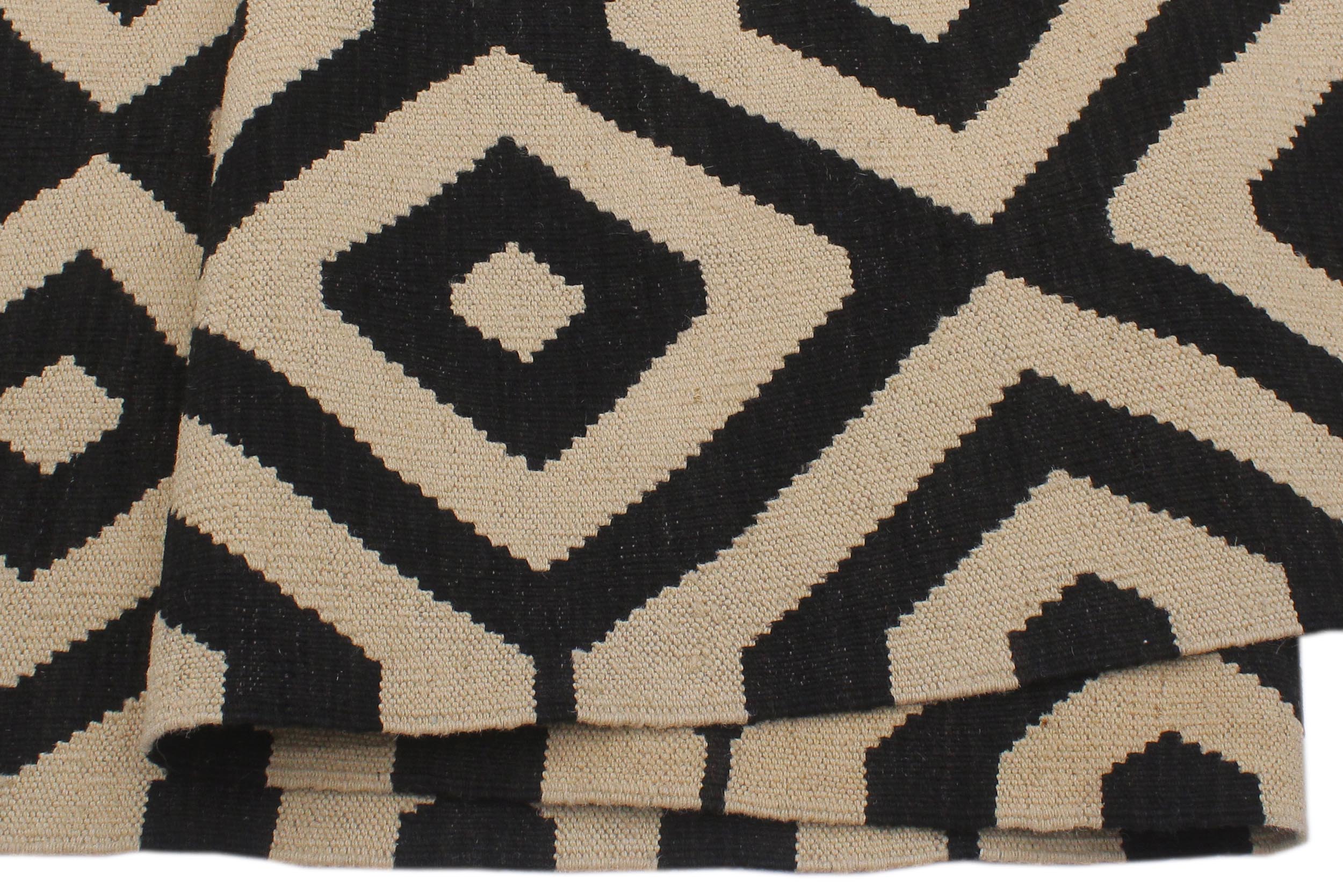 handmade Modern Kilim Beige Black Hand-Woven RECTANGLE 100% WOOL area rug 7 x 10