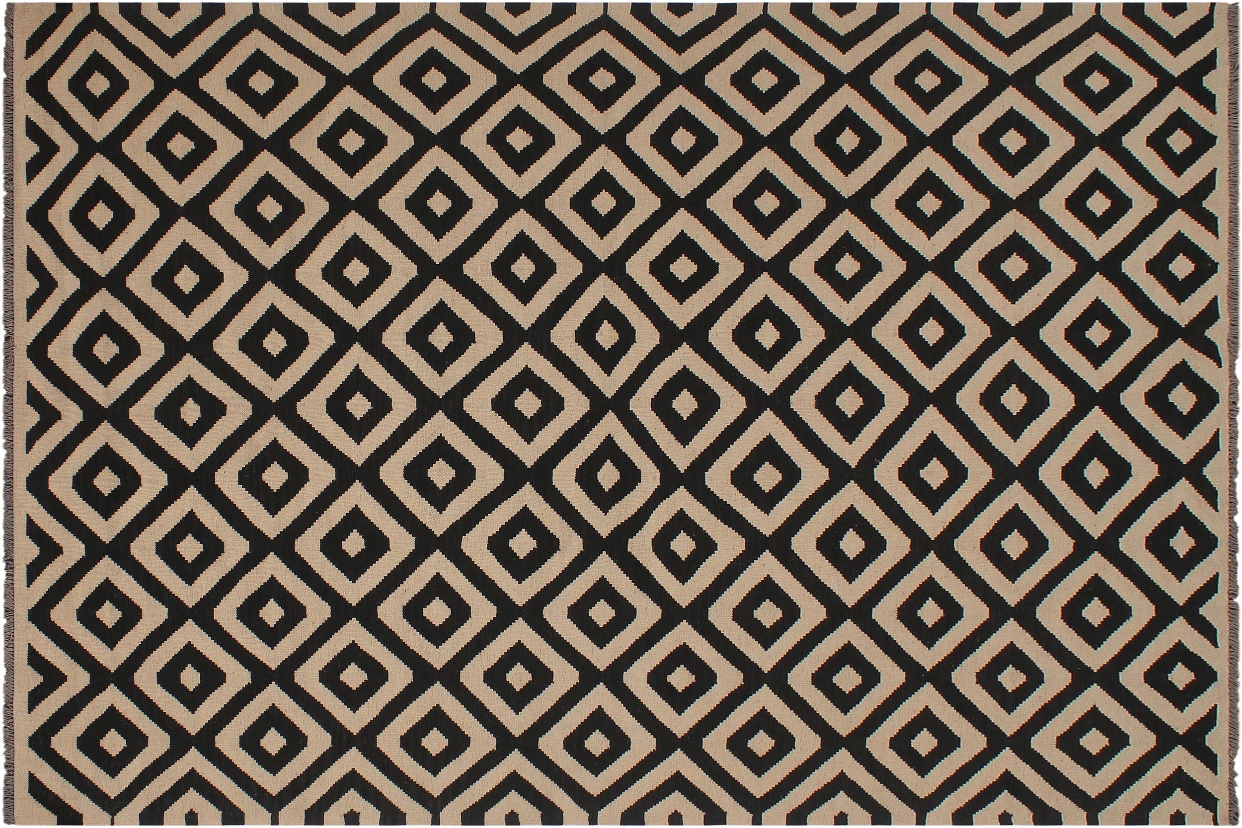 handmade Modern Kilim Beige Black Hand-Woven RECTANGLE 100% WOOL area rug 7 x 10
