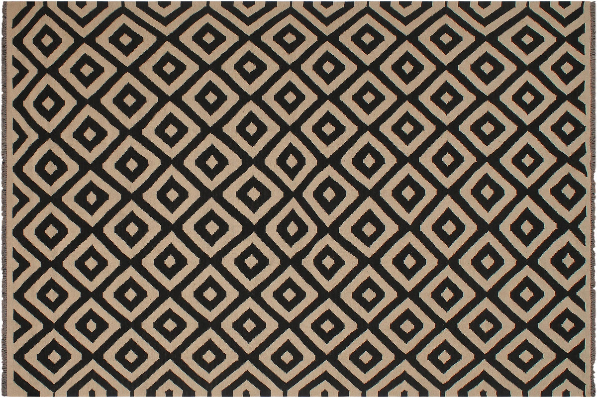 handmade Modern Kilim Beige Black Hand-Woven RECTANGLE 100% WOOL area rug 7 x 10