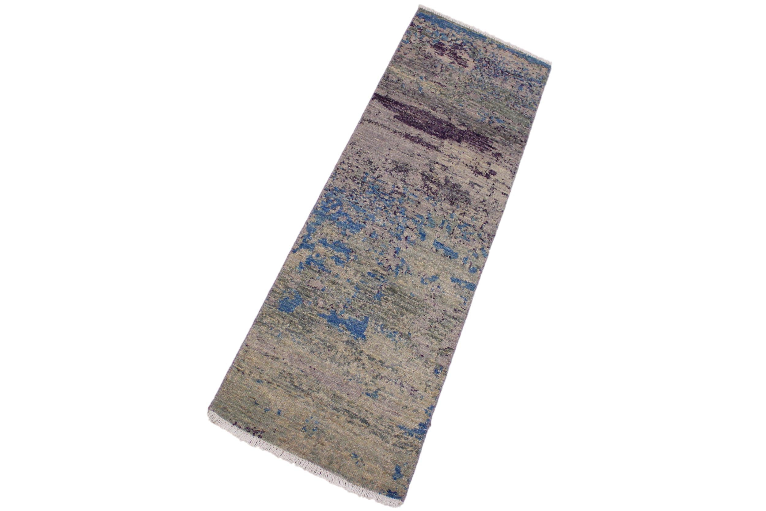 handmade Modern Kafkaz Green Blue Hand Knotted RUNNER 100% WOOL area rug 2' x 6'