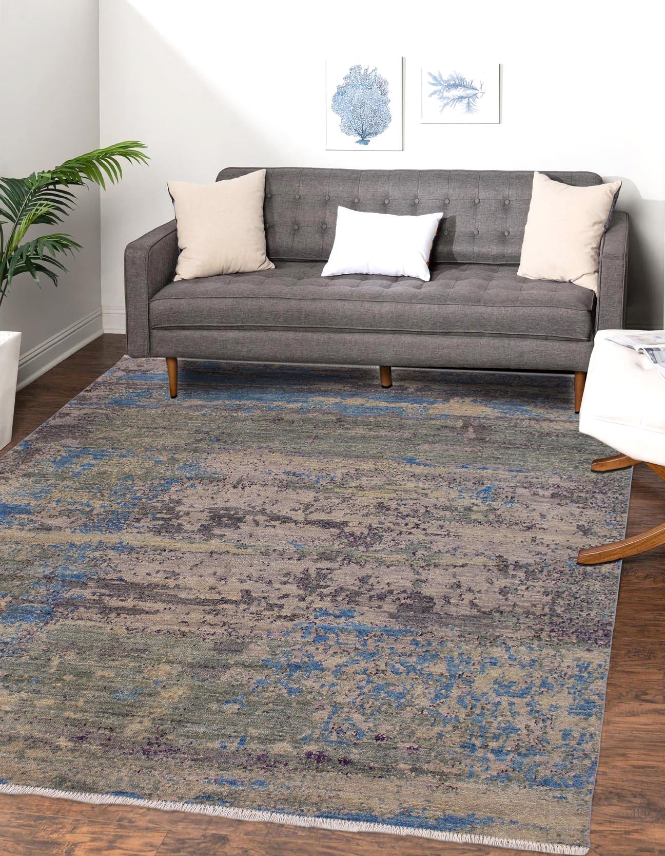 handmade Modern Kafkaz Grey Blue Hand Knotted SQUARE 100% WOOL area rug 8' x 8'