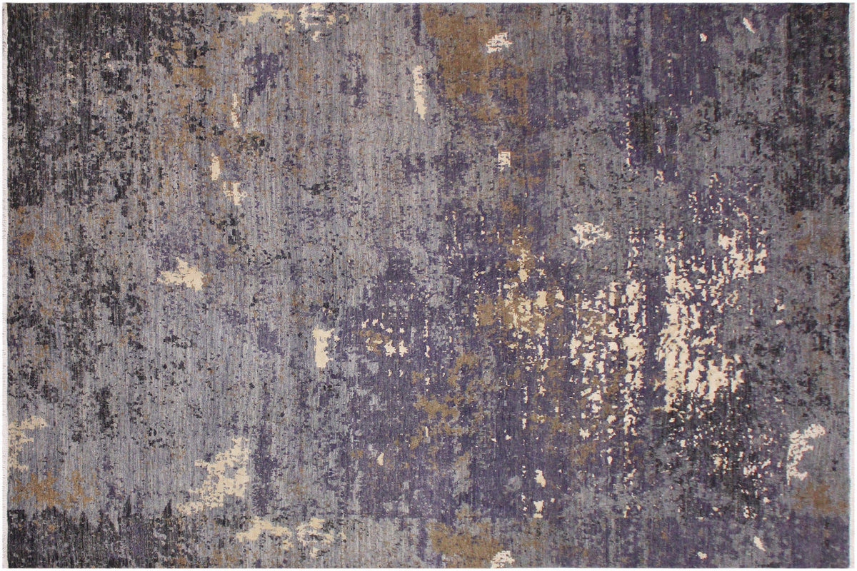 handmade Modern Kafkaz Grey Ivory Hand Knotted RECTANGLE WOOL&SILK area rug 9' x 12'