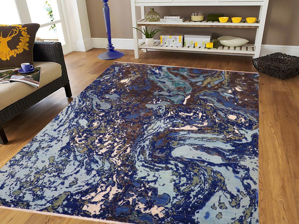 handmade Modern Kafkaz Blue Beige Hand Knotted RECTANGLE 100% WOOL area rug 8X10