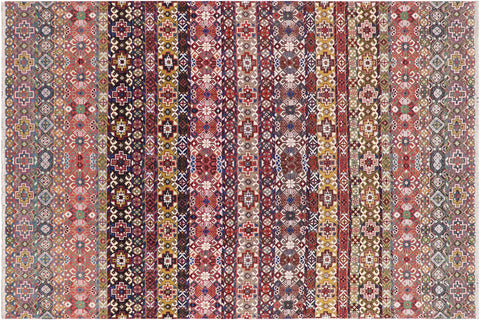 handmade Geometric Kurjean Pink Purple Hand Knotted RECTANGLE WOOL&SILK area rug 9x12