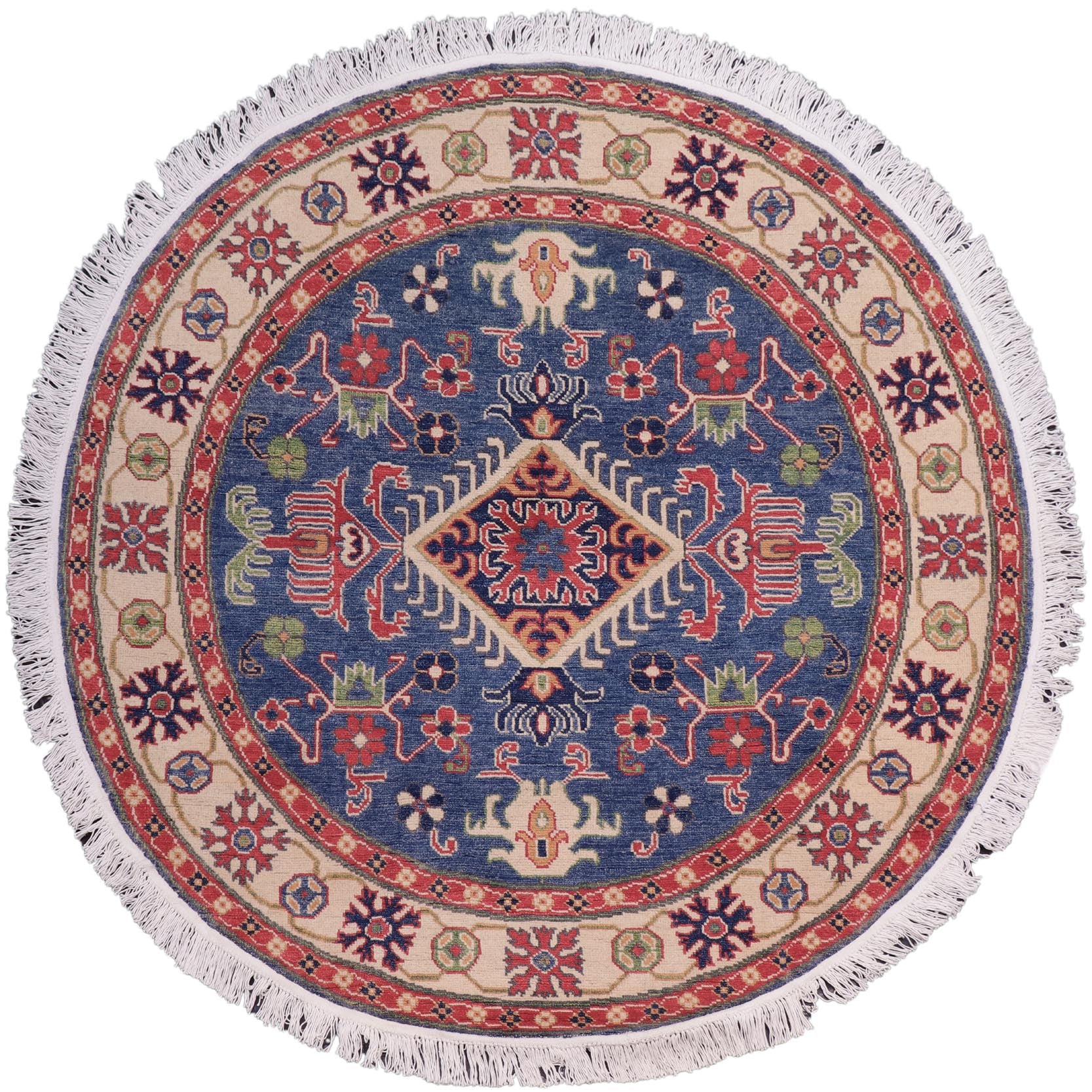 handmade Geometric Kazak Blue Ivory Hand Knotted ROUND 100% WOOL area rug 5x5