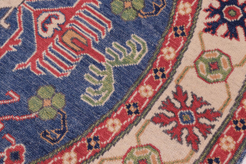 Southwestern Kazak Smoot Blue/Ivory Wool Round - 4'10''X4'10''