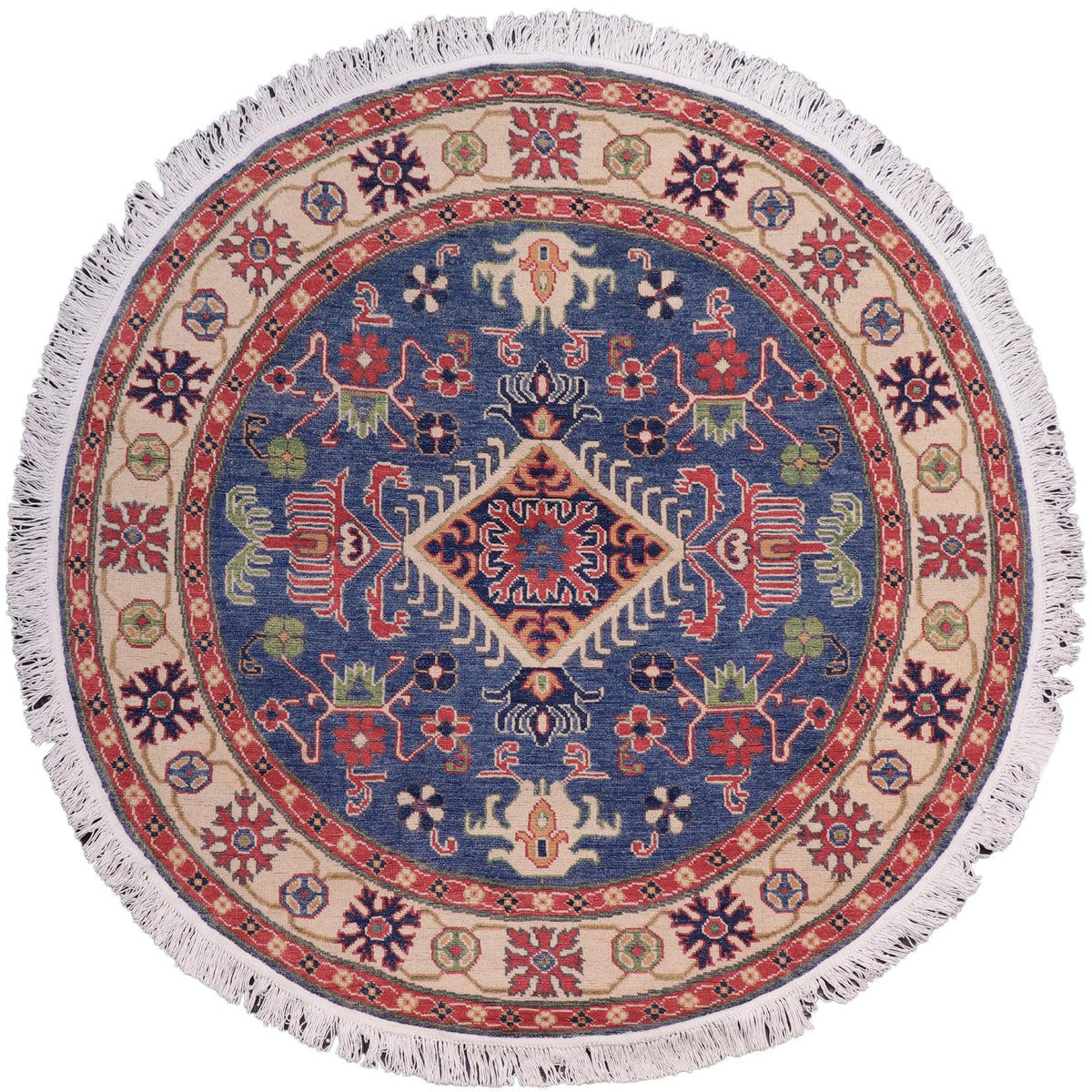 handmade Geometric Kazak Blue Ivory Hand Knotted ROUND 100% WOOL area rug 5x5